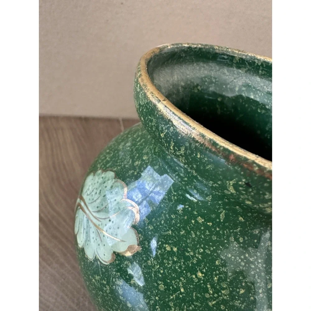 Vintage Italian Majolica Ceramic Vase Mottled Green Gold Leaf Mid Century